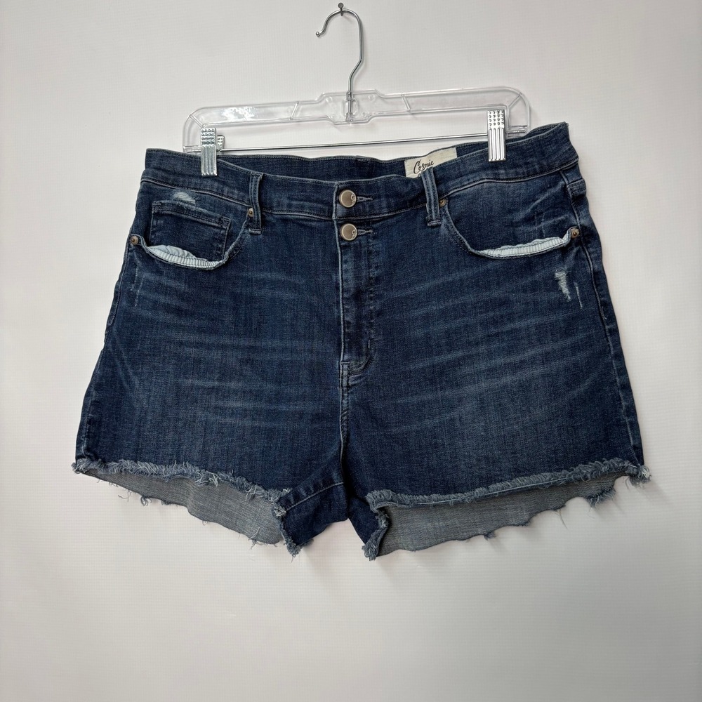 Cosmic Blue Love Womens High Rise Raw Hem Denim Shorts Dark Wash Size 33